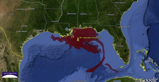 This map shows the magnitude of the oil spill in the Gulf of Mexico